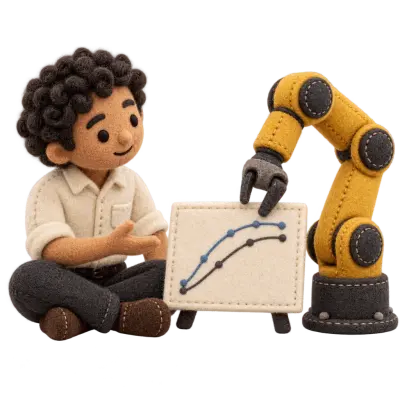 A felt engineer and yellow robot arm reviewing two motion traces together.