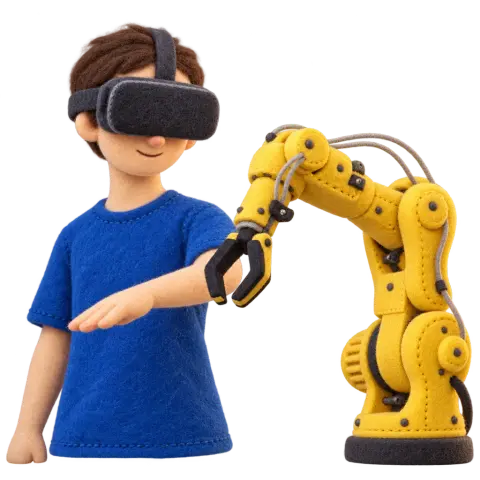Handcrafted felt boy wearing a VR headset beside a yellow robot arm, with its gripper hovering above his outstretched arm.