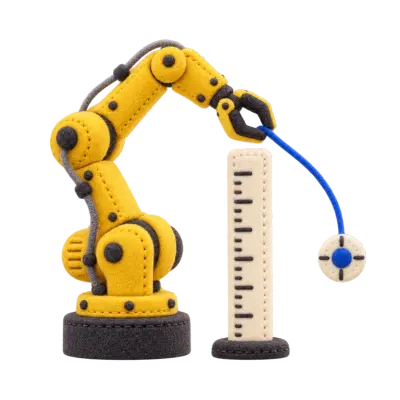 Felt robot arm beside a measuring ruler and a blue motion trace.