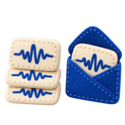 Felt waveform recordings with one recording set apart in a blue envelope.