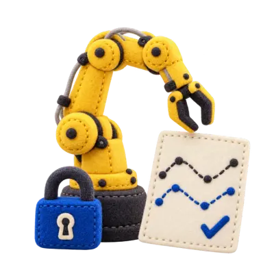 Felt robot model with a closed padlock beside a single comparison sheet.